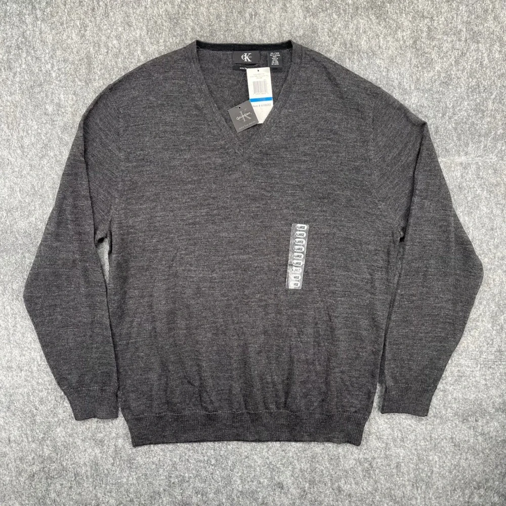 Calvin Klein Mens Sweater Large Extra Fine Merino Wool V-Neck Grey New